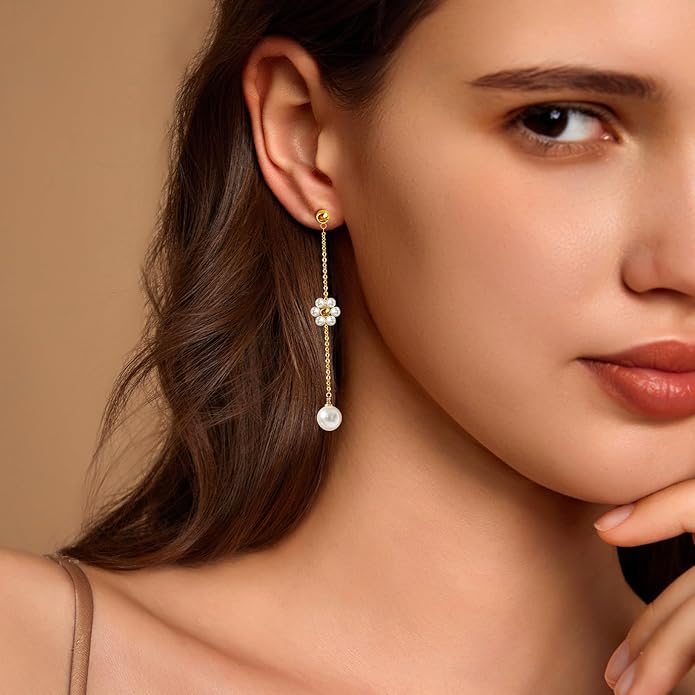 Zeffy Pearl Earrings for Women 14k Gold/Silver Pearl Drop Earrings Long White Pearl Tassel Dangle Statement Earrings Bridal Wedding Dainty Prom Earrings Birthday Gifts Jewelry