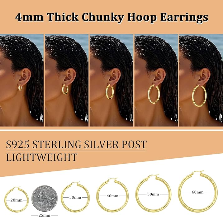 Hoop Earrings for Women, 18K Gold Plated Hoops Earrings, Hypoallergenic Lightweight Comfort Hollow Tube Hoops with Secure Push Lock, Chunky and Sleek Gold Hoops Large Earrings 20/30/40/50/60MM