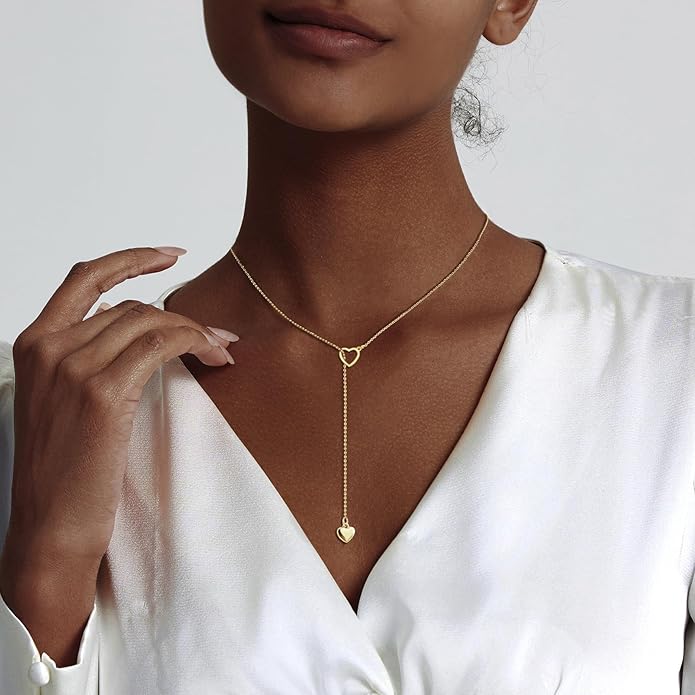 Luxval Lariat Gold Necklace for Women, Dainty Long Necklace 14k Gold Plated/Silver Y-Shaped Pendant Necklaces Trendy Beaded Chain Drop Necklaces Jewelry for Women Gifts