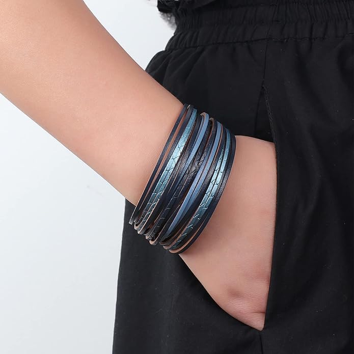 hotoo Handmade Layered Leather Bracelets Wrap for Women Stackable Chunky Colored Men Cuff Bracelet Wristband Bangle Gifts