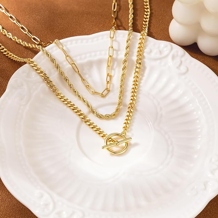 Gold Plated Necklaces for Women - Dainty Layered 14K Gold Plated Stack Paperclip Rope Cuban Toggle Link Chain Choker Necklace Set Chunky Trendy Jewelry Gift