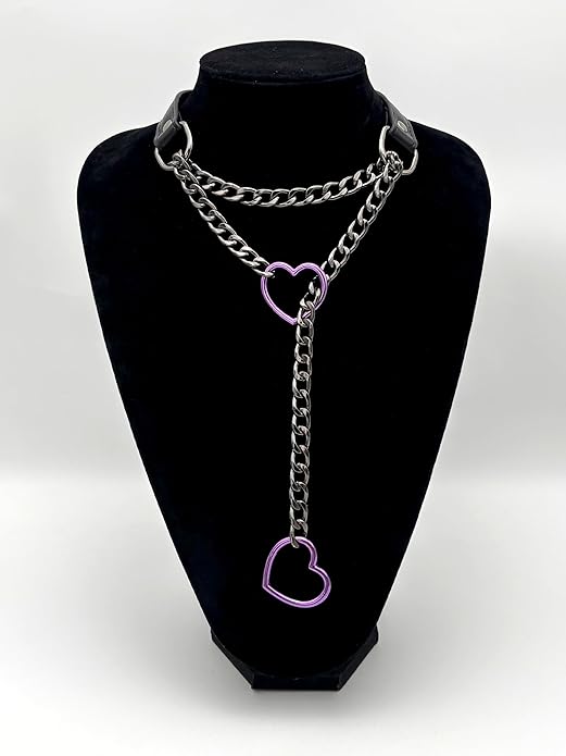 Black Leather Choker Collar For Women, Handmade Heart Slip Chain Choker Long Necklace with Adjustable Buckle