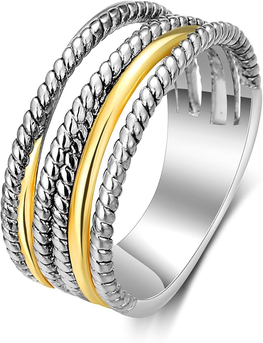 2 Tone 14K Gold & Silver Plated Ring, Wide Intertwined Crossover Statement Chunky Gold Rings Vintage Fashion Band Rings for Women Designer Jewelry Gifts