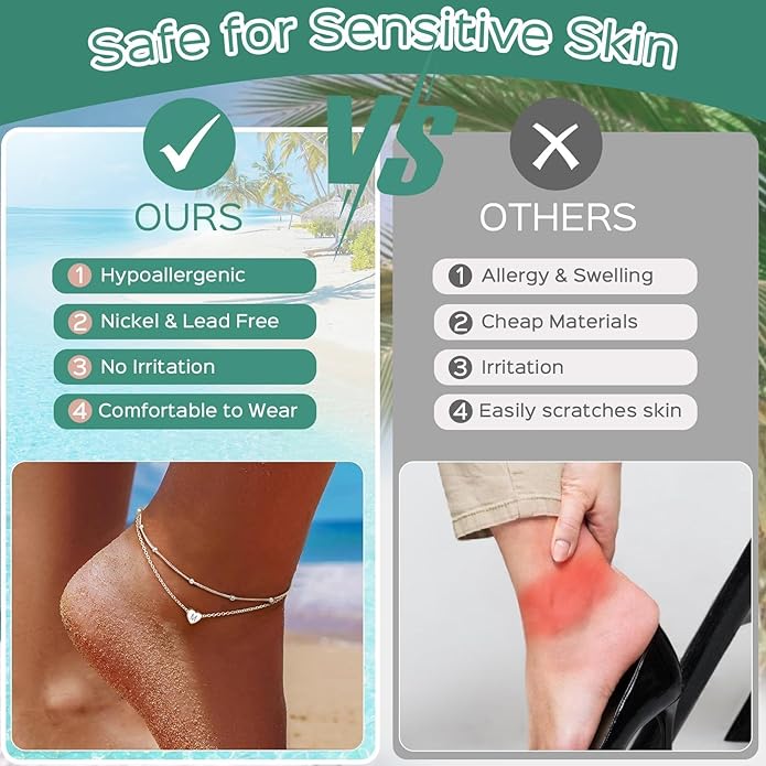 ChicSilver Sterling Silver Anklets for Women 925 Ankle Bracelets for Women Layered Heart Anklet With Beaded Anklets for Women