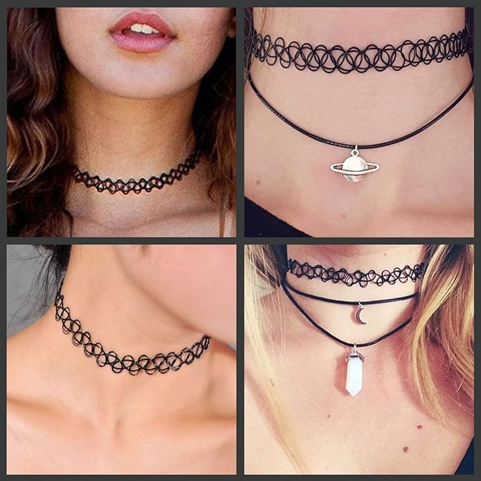 BodyJ4You 12PC Tattoo Choker Necklace - 90s Accessories 2000s Jewelry Y2K Fashion Vintage Trendy - Rainbow Goth Black Pink Green Blue White - Adjustable Stretchy Elastic Necklace Summer Vacation Set