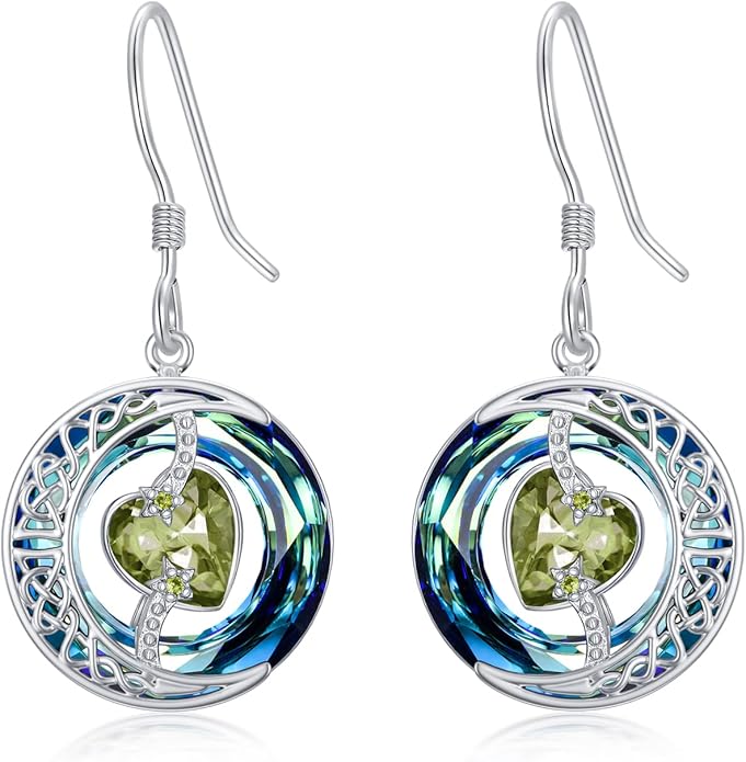 TOUPOP Birthstone Earrings for Women 925 Sterling Silver Moon and Star Dangle Earrings with Blue Crystal BirthdayJewelry Christmas Gifts for Women