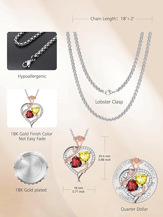 Christmas Gifts for Women Rose Heart Birthstone Pendant Necklace I Love You Forever Jewelry Valentine Mothers Day Birthday Gifts for Women Her Wife Girlfriend