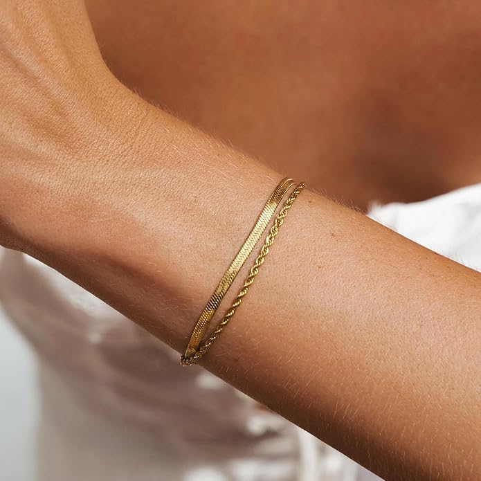 Gold Bracelets for Women Trendy,14K Gold Plated Dainty Stackable Paperclip Cuban Link Chain Bracelets, Simple Cute Cuff Bracelets Jewelry Set Adjustable 7"+2"