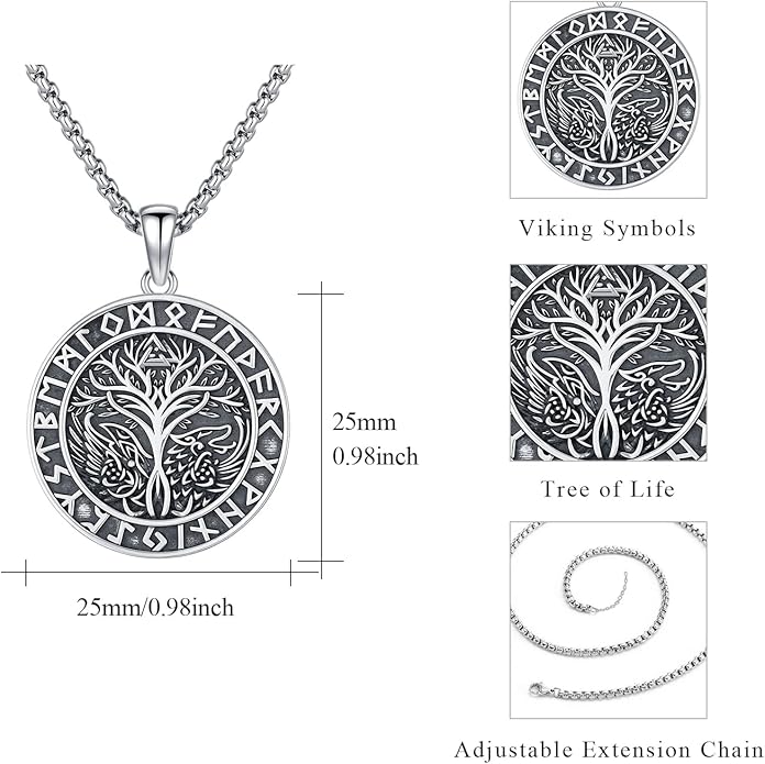 YueYuan Viking Necklace for Men 925 Sterling Silver Rune Amulet Pendant Nordic Necklace Viking Jewelry Gift for Father Husband Son