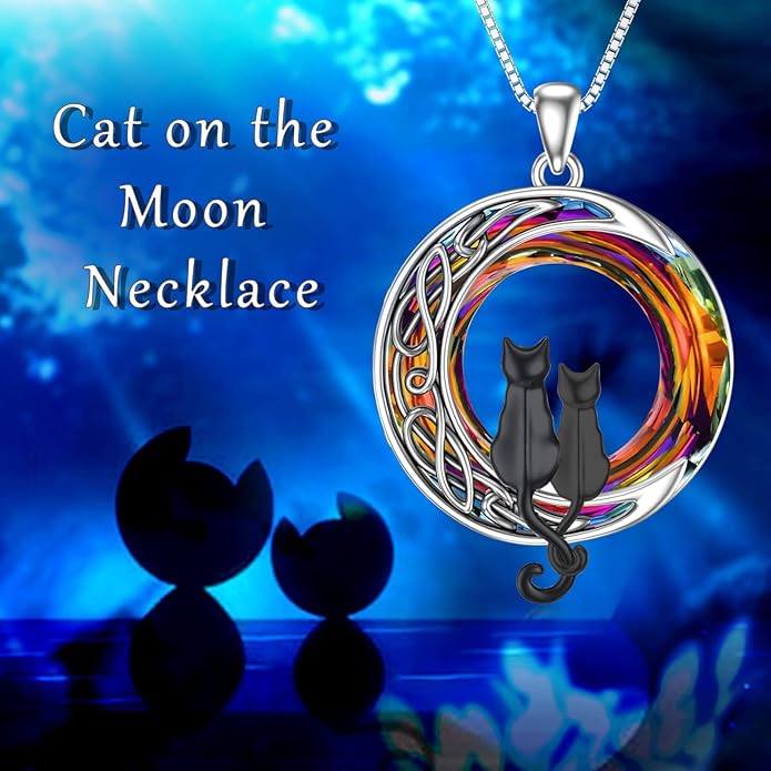 TOUPOP Christmas Cat Gifts for Cats Lovers One Two Three Four Cats Necklace Sterling Silver Cats on the Moon Pendant Necklace with Blue Circle Crystal Birthday Christmas Celtic Jewelry Gifts for Women