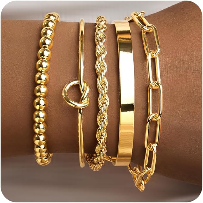Gold Bracelets for Women Non Tarnish, 14K Gold Plated Chunky Cuff Bracelet Gold Bangles Bracelet for Women Trendy Tie Knot Cuban Rope Paperclip Beaded Bracelet Stack Jewelry Gifts