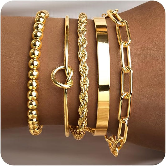 Gold Bracelets for Women Non Tarnish, 14K Gold Plated Chunky Cuff Bracelet Gold Bangles Bracelet for Women Trendy Tie Knot Cuban Rope Paperclip Beaded Bracelet Stack Jewelry Gifts