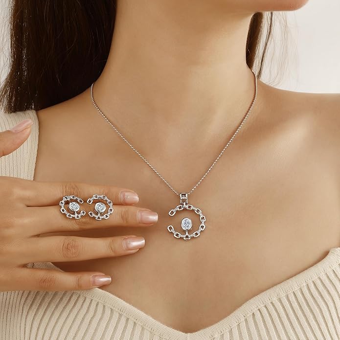 Ydou Elegant C-Shaped Crystal Necklaces/Stud Earrings Set with Birthstone Jewelry Set Silver Plated Fashion Jewelry for Women CS0003