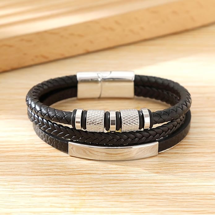 Italian Handmade Genuine Leather Bracelets for Men Stainless Steel Clip, Men's Casual Genuine Multi-layer Cuff Bracelet, Bracelet Gift for Real Men