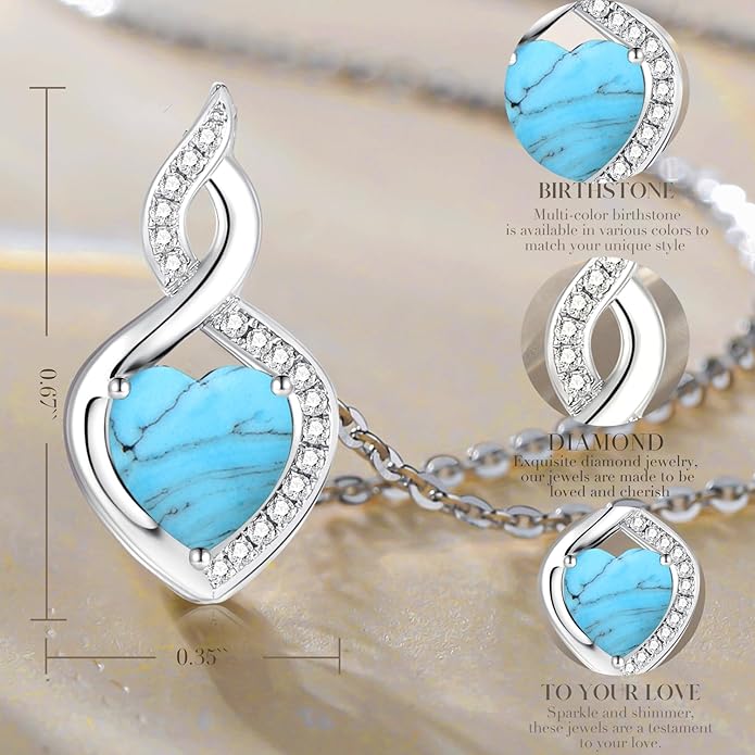 FANCIME 14K Solid White Gold Heart Birthstone Necklace with Diamond Pendent Birthday Gifts for Mom Women, Sterling Silver Chain 16" + 2" Extender