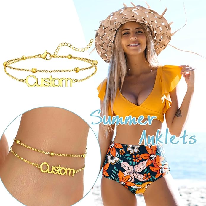 U7 Custom Layered Ankle Bracelets for Women Stainless Steel Bead/Cuban/Figaro/Rope/Wheat Chain Anklet Waterproof Anklet Jewelry for Beach Vacation