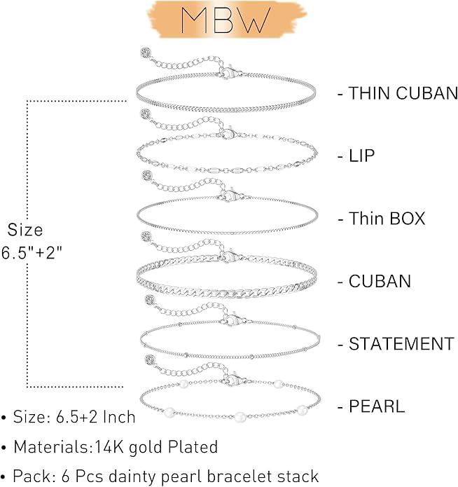 MBW 14K Silver Plated Bracelets for Women, Dainty Silver Bracelets for Women Set Bracelet Stack Waterproof Jewelry for Women Trendy Minimalist Simple Small Thin Bracelet Set for Women Teen Girls Gift