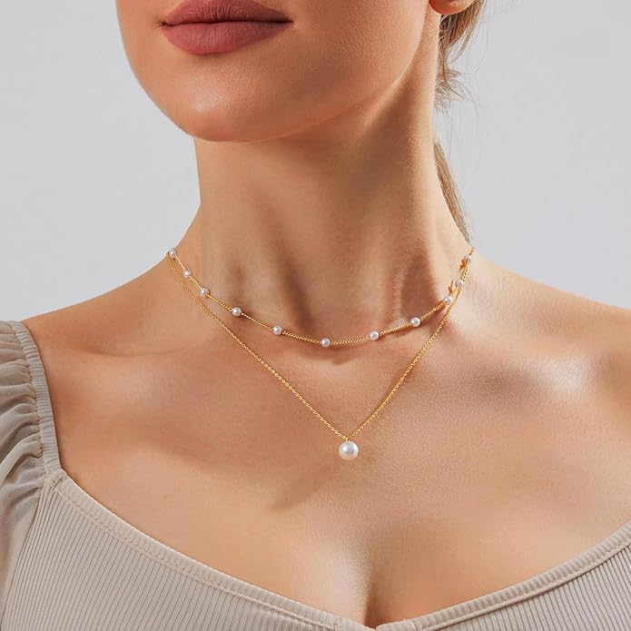 Zeffy Gold Pearl Necklace for Women, Dainty 14K Gold/Silve Plated Layered Pearl Choker Pearl Earrings Pearl Bracelets Wedding Trendy Gold Jewelry Set for Women Gifts
