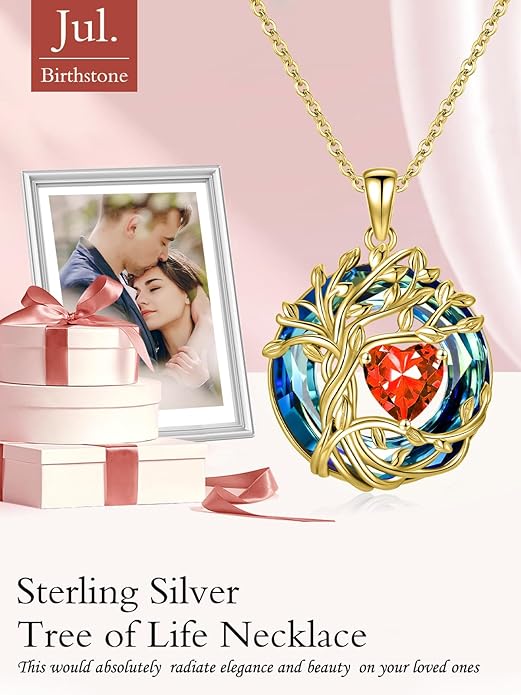 TOUPOP Christmas Gifts Tree of Life Birthstone Necklace 925 Sterling Silver Pendant Austrian Crystal Jewelry Anniversary Birthday Gifts for Women Mom Her Wife