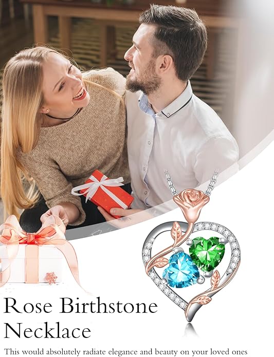 Christmas Gifts for Women Rose Heart Birthstone Pendant Necklace I Love You Forever Jewelry Valentine Mothers Day Birthday Gifts for Women Her Wife Girlfriend