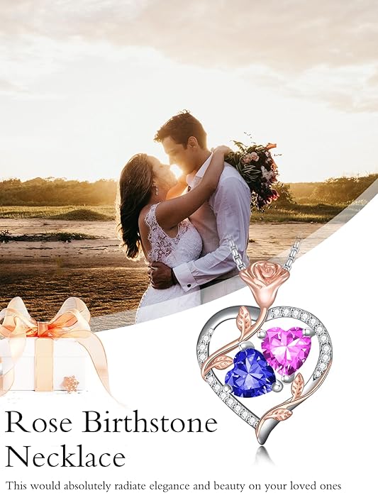 Christmas Gifts for Women Rose Heart Birthstone Pendant Necklace I Love You Forever Jewelry Valentine Mothers Day Birthday Gifts for Women Her Wife Girlfriend