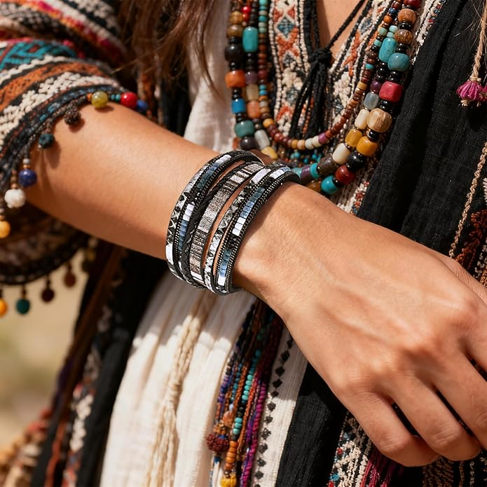 ENGCKSHI Wrapped Bracelets for Women,Leather Bracelet,Boho Bracelets for Women,Multi-Layer Pearl Crystal Bracelet Bangle Jewelry
