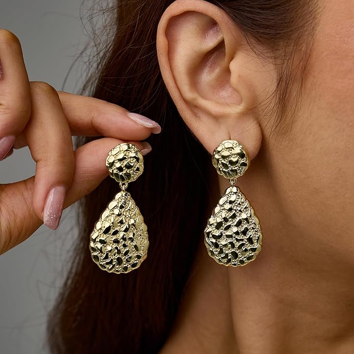 Hefanny Large Hammered Teardrop Dangle Earrings Geometric Chunky Flower Earrings Women's Trendy Statement Jewelry Multiple Styles