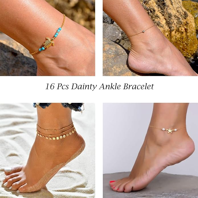 Starain 12Pcs Summer Beach Anklets for Women Waterproof Gold Silver Chain Ankle Bracelets Cute Women's Foot Anklet Set 7.9-10.5 inch Adjustable