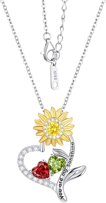 PERJI Valentine's Day Gifts for Women - 925 Sterling Silver Double Birthstone Sunflower Necklace, Anniversary Birthday Jewelry You are My Sunshine Gifts for Wife Couple Girlfriend 18"+2" Non Tarnish
