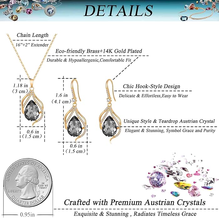 EVEVIC Austrian Crystals Teardrop Hollow Twisted Pendant Necklace Earrings for Women 14K Gold Plated Halo Drop Dangle Earrings Hypoallergenic Jewelry Set