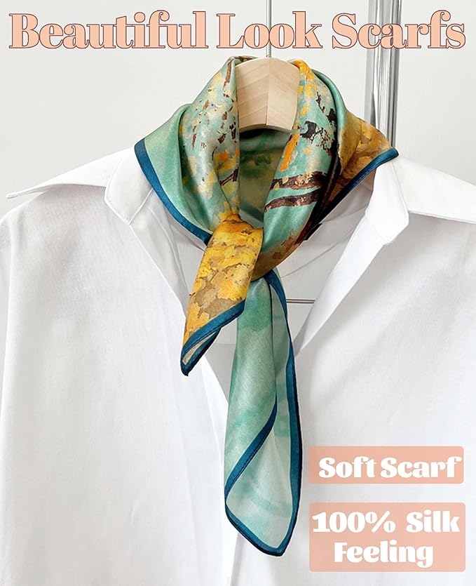kcctoo 27.5" Mulberry Silk Feeling Head Scarf Women's Fashion Square Neck Satin Scarfs for Bag Hair Scarves Gift