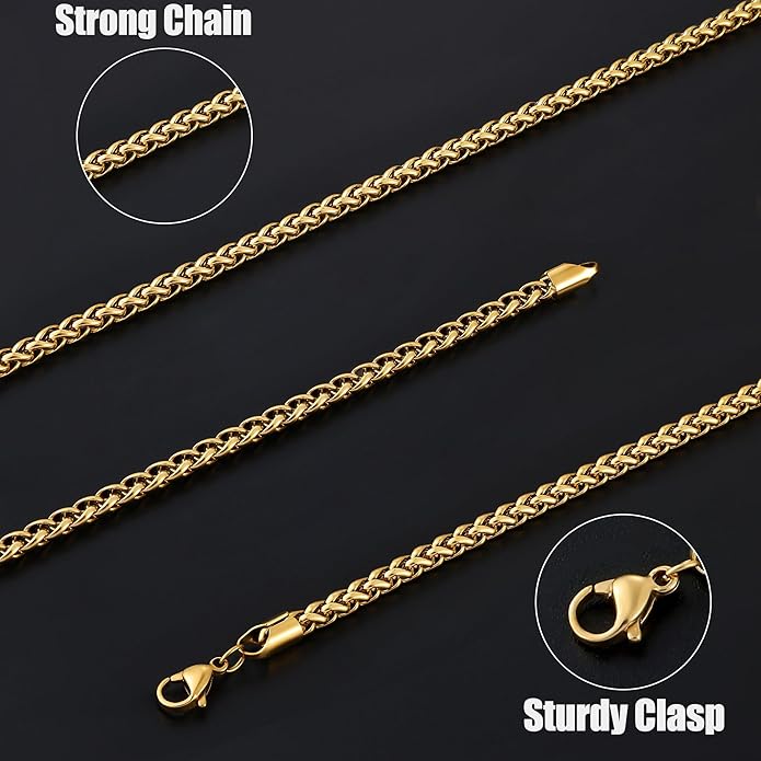 Fiusem Wheat Chains for Men and Women, 2/2.5/3/4/5mm Silver Tone/14K Gold Plated/Black Necklace Chain, Stainless Steel Mens Necklace 16-28 Inch