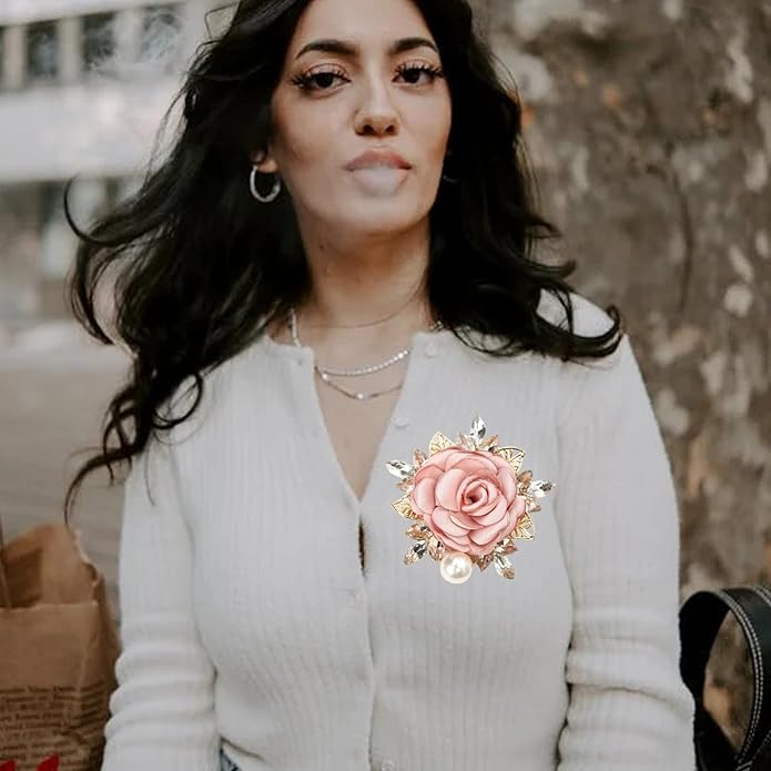 Rose Brooch for Women,Dainty Satin Fabric Flower Lapel Pins Vintage Elegant Pearl Brooches Handmade Crystal Pearl Pins Silk Camellia Safety Collar Pin Dress Suit Accessories Wedding Bridal Bouquet Jewelry