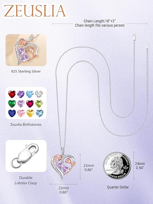 Zeuslia Double Birthstone Necklace Gifts for Wife - 925 Sterling Silver Sunflower/Rose/Crown Cross/Compass/Heart Pendant I Love You Necklace, Anniversary Birthday Gifts for Wife Girlfriend Mom Her
