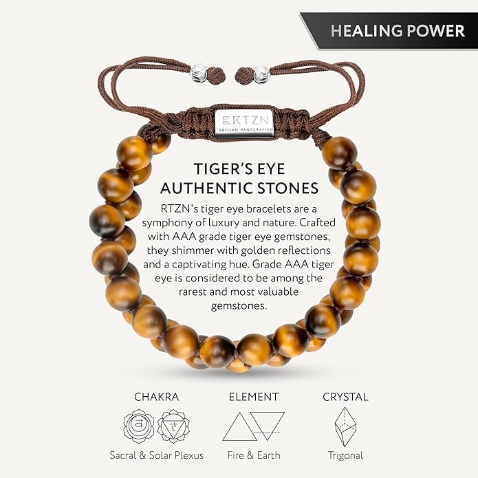 RTZN® Tigers Eye Bracelet for Men – Premium Artisan Handcrafted Golden Brown Tiger Eye Bead Bracelets – Natural Stone Tiger Eye Bracelet Men – Beaded Bracelets for Men