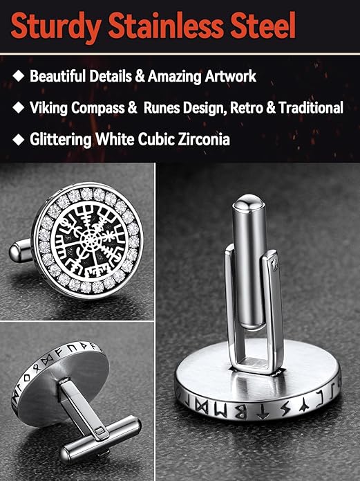 FaithHeart Mens Cufflinks, Norse Viking Tuxedo Shirt Cuff Links, Stainless Steel Cuff Links and Shirt Studs, Gift Box