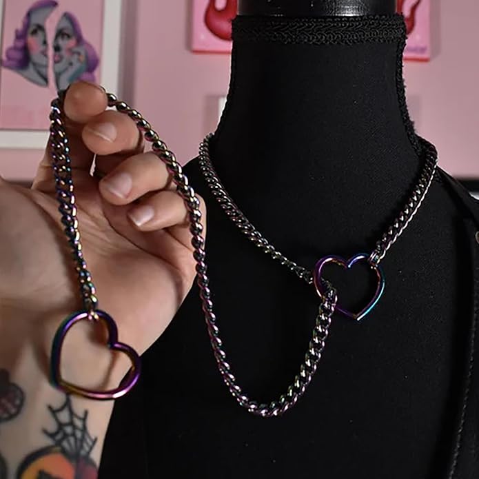 Heart Slip Chain Necklaces for Women,Stainless Steel O-Ring Adjustable Lariat Y-Necklace,Punk Gothic Cuban Collar Choker Necklace for women