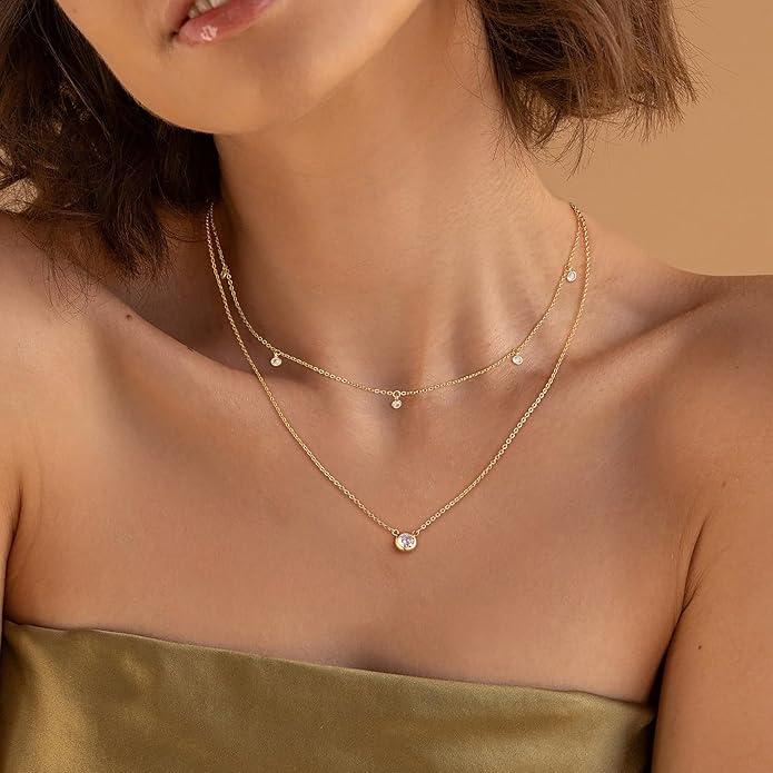 Layered Necklaces for Women,Dainty 14k Gold Plated Choker Necklace Stack Trendy Simple Diamond Pendant Necklace Set for Women Non Tarnish Cute Layering Cubic Zirconia Necklace Fashion Waterproof Jewelry for Women