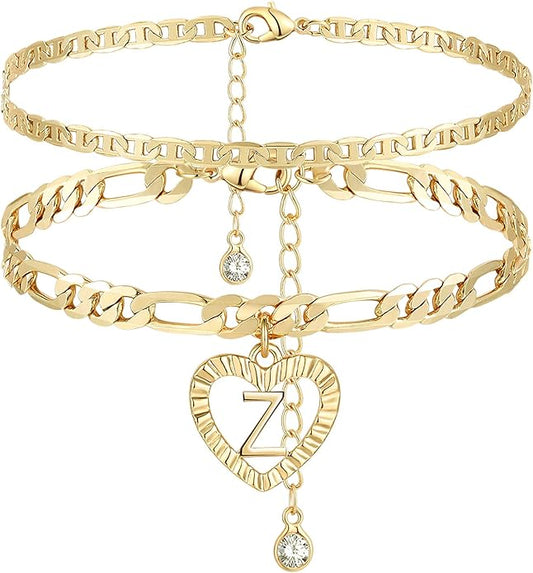 YANODA Initial Ankle Bracelets for Women 14K Gold Plated Layered Figaro Chain Letter Initial Anklets Handmade Layered Heart Ankle Bracelets Personalized Jewelry for Women