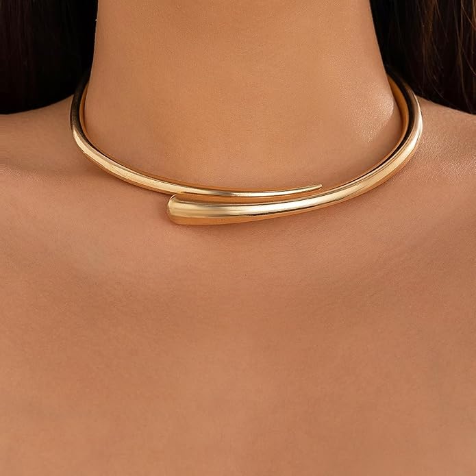 Chunky Choker Collar Necklace Gold Silver Metal Smooth Spring Open Teardrop Choker Statement Open Round Collar Necklace Trendy Minimalist Necklace for Women