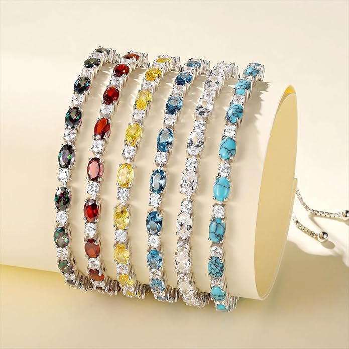 FANCIME Birthstone Tennis Bracelets Sterling Silver Bolo Tennis Bracelets Charm Fine Jewelry Birthday Gifts for Women Mom Wife Her