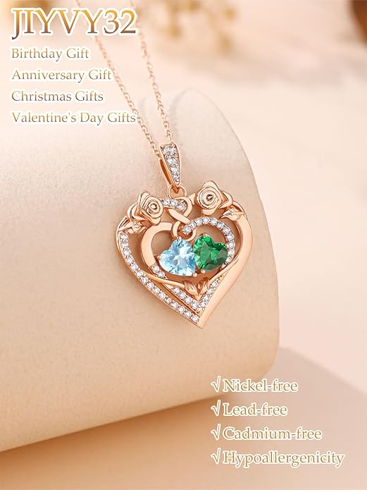 JIYVY32 Rose Heart Necklace for Women Exquisite 925 Sterling Silver Anniversary Birthday Gifts for Wife Mom Her Double Birthstone Pendant Jewelry