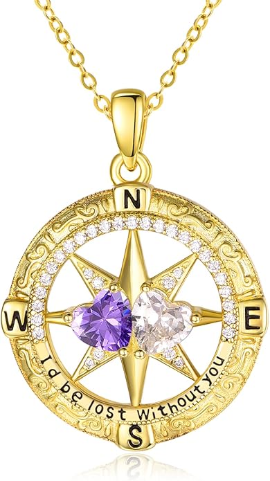 Zeuslia Double Birthstone Necklace Gifts for Wife - 925 Sterling Silver Sunflower/Rose/Crown Cross/Compass/Heart Pendant I Love You Necklace, Anniversary Birthday Gifts for Wife Girlfriend Mom Her