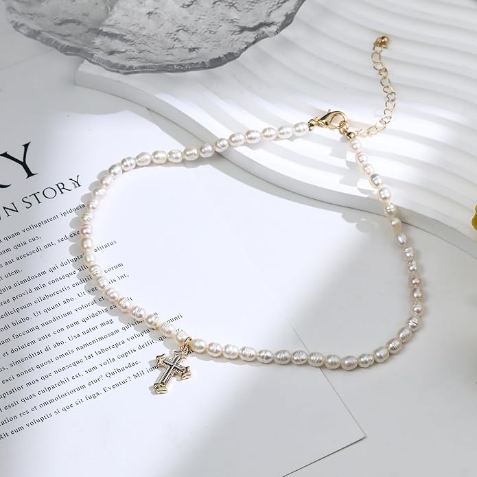 wgoud Natural Freshwater Pearl Choker Necklace for Women, Trendy 14K Gold Plated Pearl Necklaces Handmade Jewelry Gift