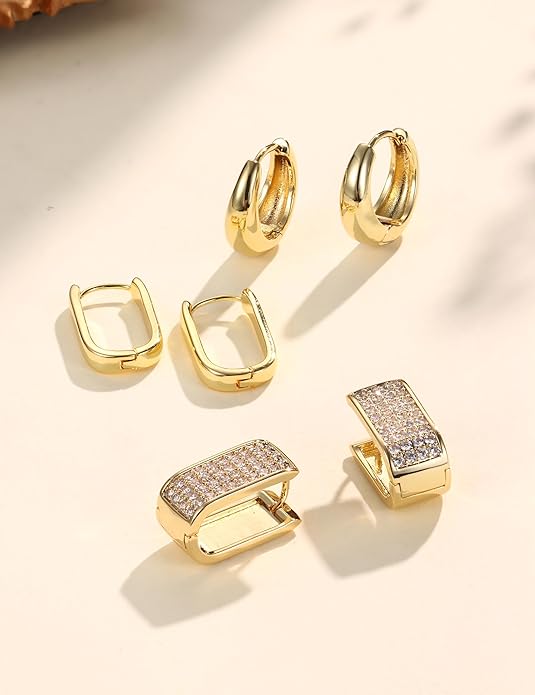 Florideco 3Pairs Chunky Gold Earrings Set 14K Gold Plated Hoop Earrings for Women Trendy Small Thick Huggie Hoops Earring Lightweight Silver Hoop Earring Sets for Multiple Piercing