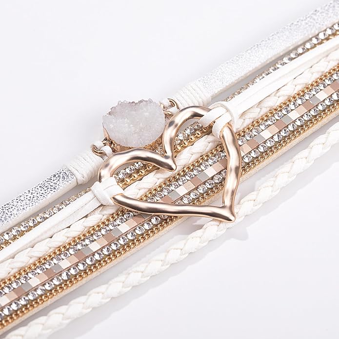 FANCY SHINY Heart Leather Wrap Bracelets Stackable Boho Cuff Bangles Trendy Resin Stone Rhinestone Bracelets with Magnetic Clasp for Women