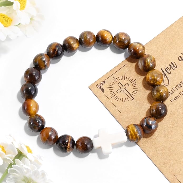 VIBILIA Cross Beaded Bracelets for Women, Inspirational Natural Heart Religious Bracelets for Women, Birthday Christian Gifts for Women on Thanksgiving Christmas Gifts