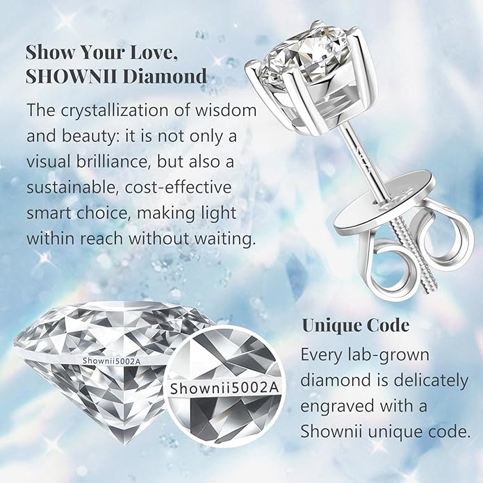 SHOWNII Diamond 4-Prong Lab-Grown Diamond Stud Earrings for Women 0.5CT 1CT 14K Gold Plated S925 Sterling Silver Screw Back Earrings(I-J Color, S1-VS2 Clarity)