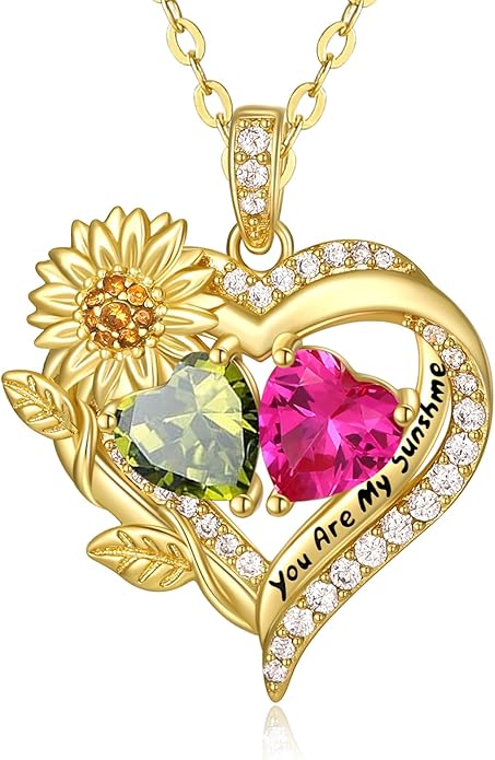 Sunflower Heart Necklace for Women 14K Gold Exquisite Anniversary Birthday Gifts for Wife Mother Her Double Birthstone Pendant jewelry‘You Are My Sunshine’