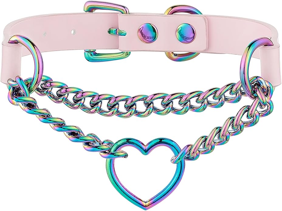 Black/Pink Leather Choker Necklace For Women, Handmade Adjustable Chain Collar with Metallic Heart Ring
